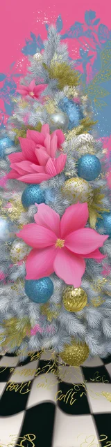 Free printable Christmas bookmarks of a Christmas tree on patterned flooring